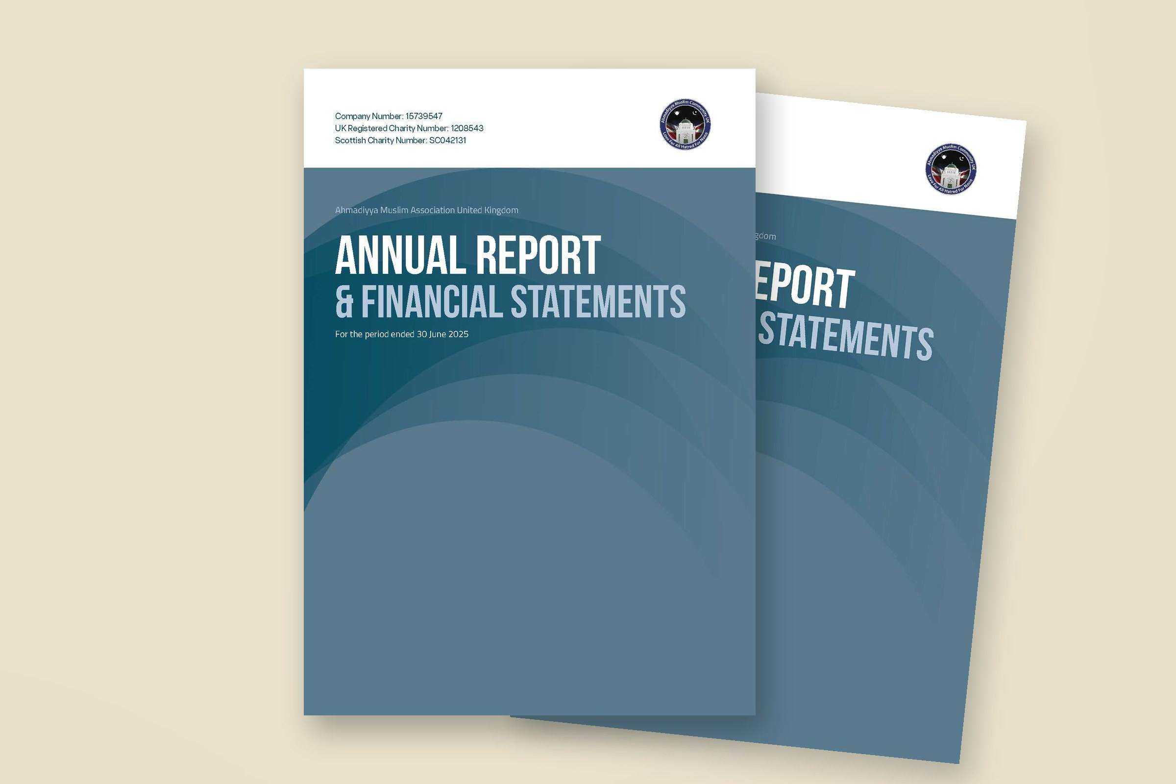 Annual Report & Financial Statements for Ahmadiyya Muslim Association UK, period ended 30 June 2025 — the printed cover, designed by MN Studio
