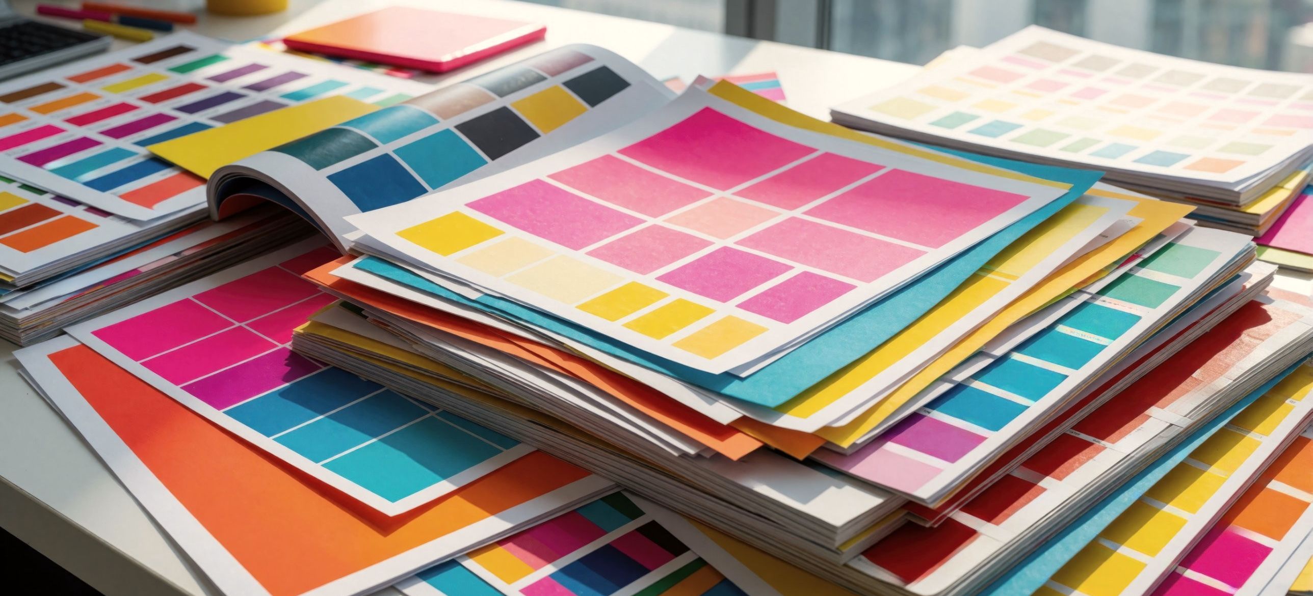 Stacks of printed colour proofs and swatch sheets on a desk by a window