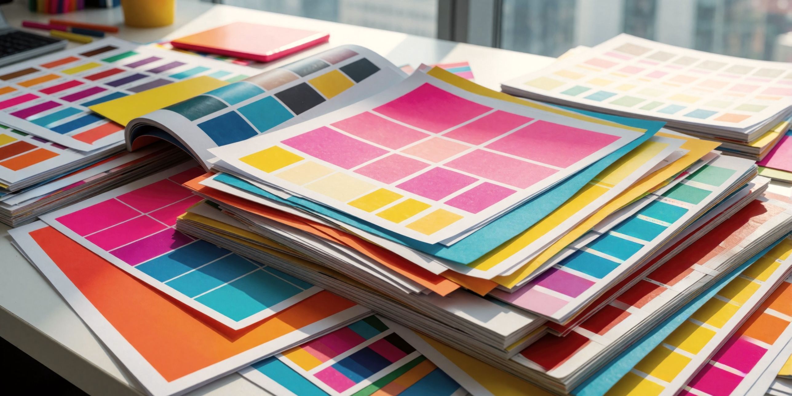 Stacks of printed colour proofs and swatch sheets on a desk by a window