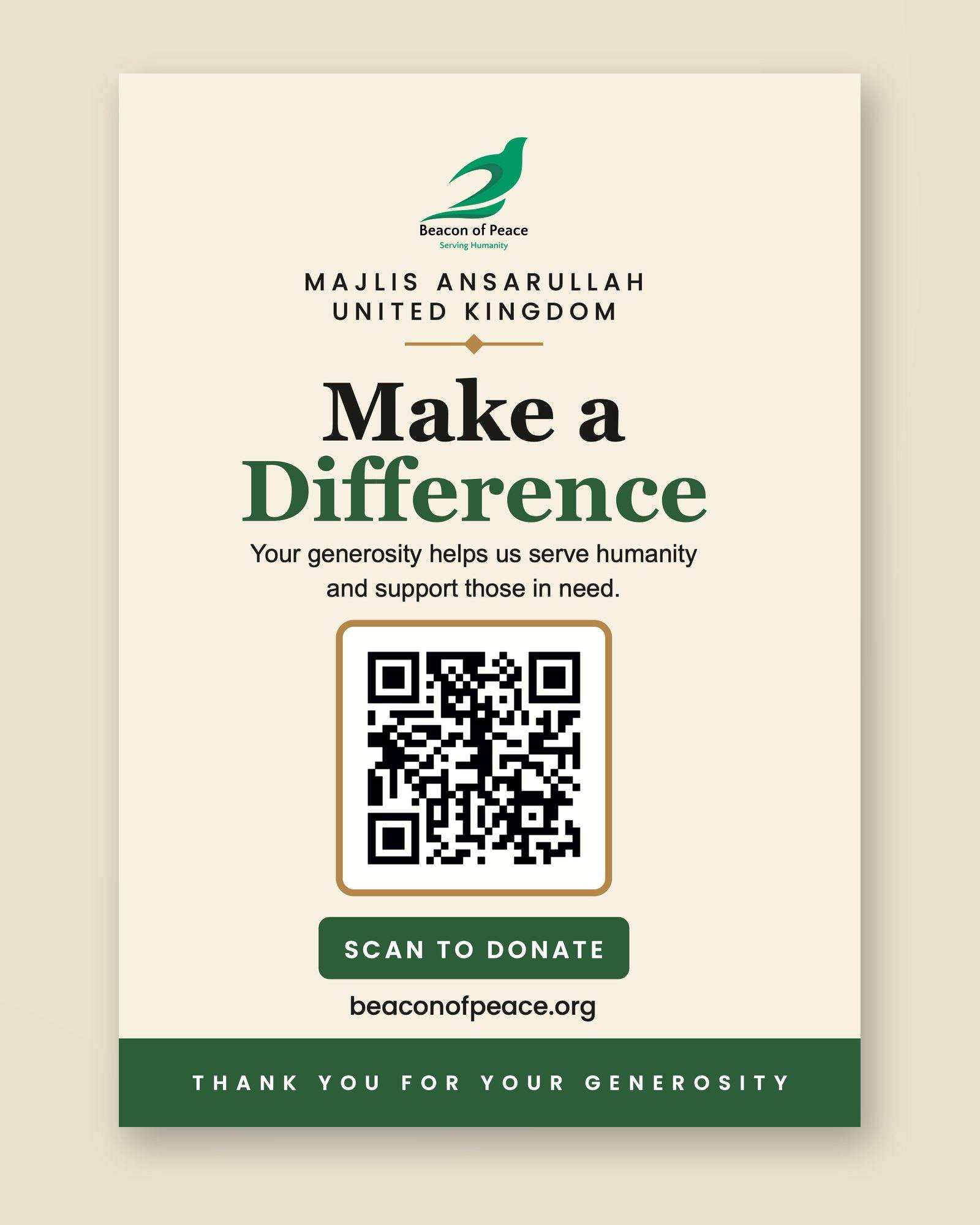 ‘Make a Difference’ donation poster on cream with a framed QR code and a ‘Scan to donate’ button