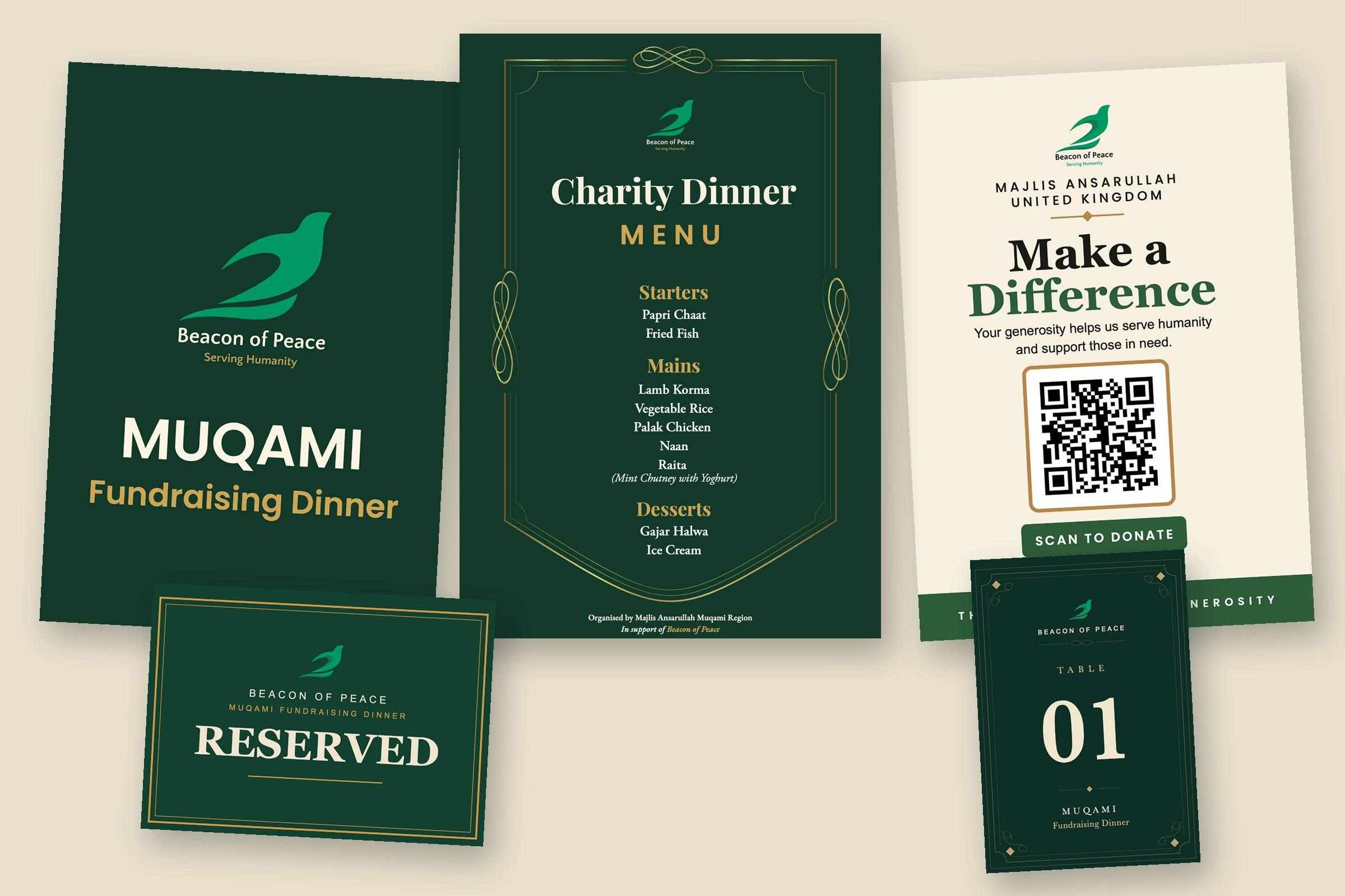 The Muqami Fundraising Dinner suite for Beacon of Peace: green and gold digital event cover, charity dinner menu, ‘Make a Difference’ donation poster with QR code, a reserved table sign and a table number card