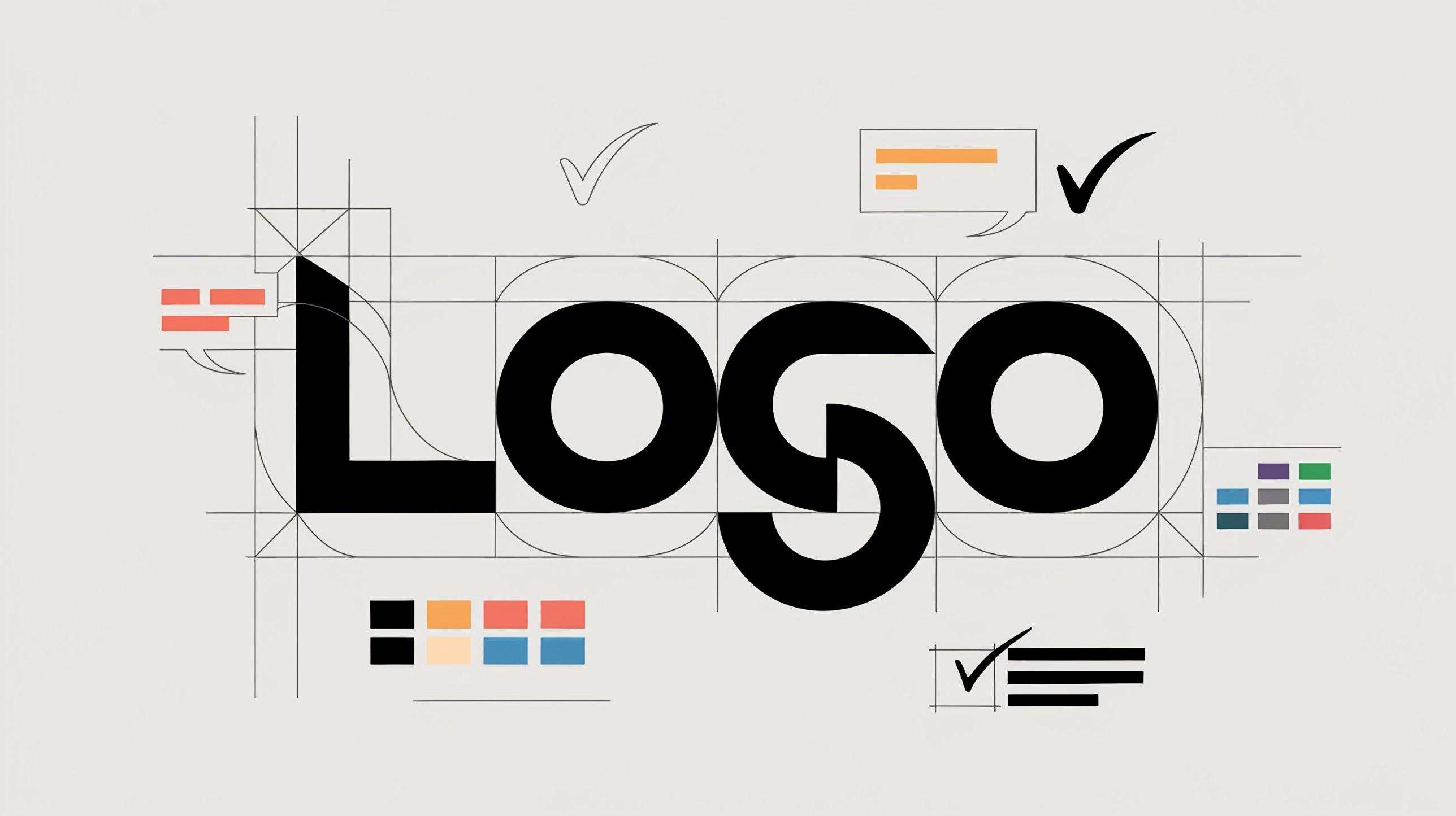A wordmark drawn on a construction grid, with colour swatches, notes and approval ticks around it — the process of designing a logo
