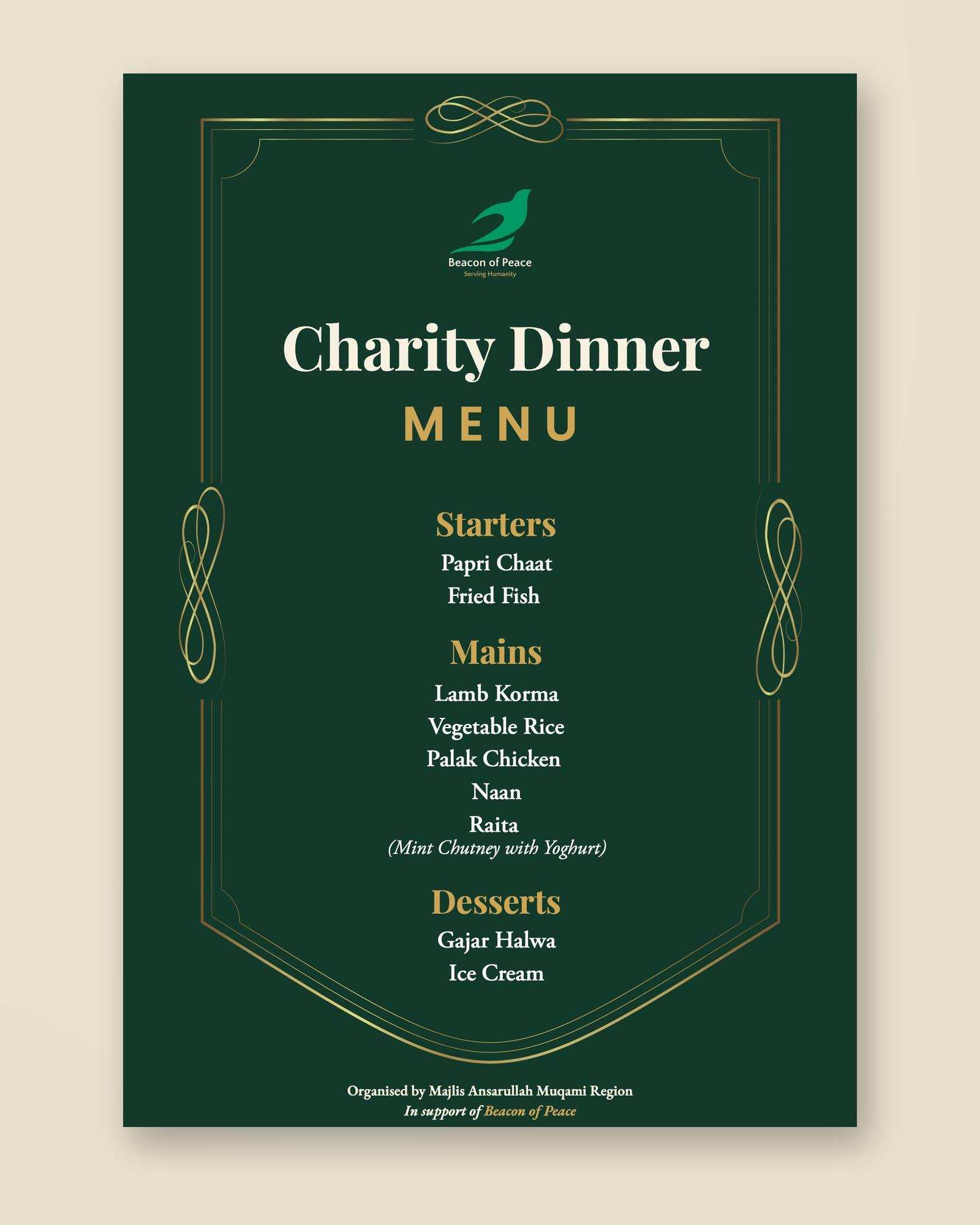 Charity dinner menu in deep green with gold ornamental frame, listing starters, mains and desserts