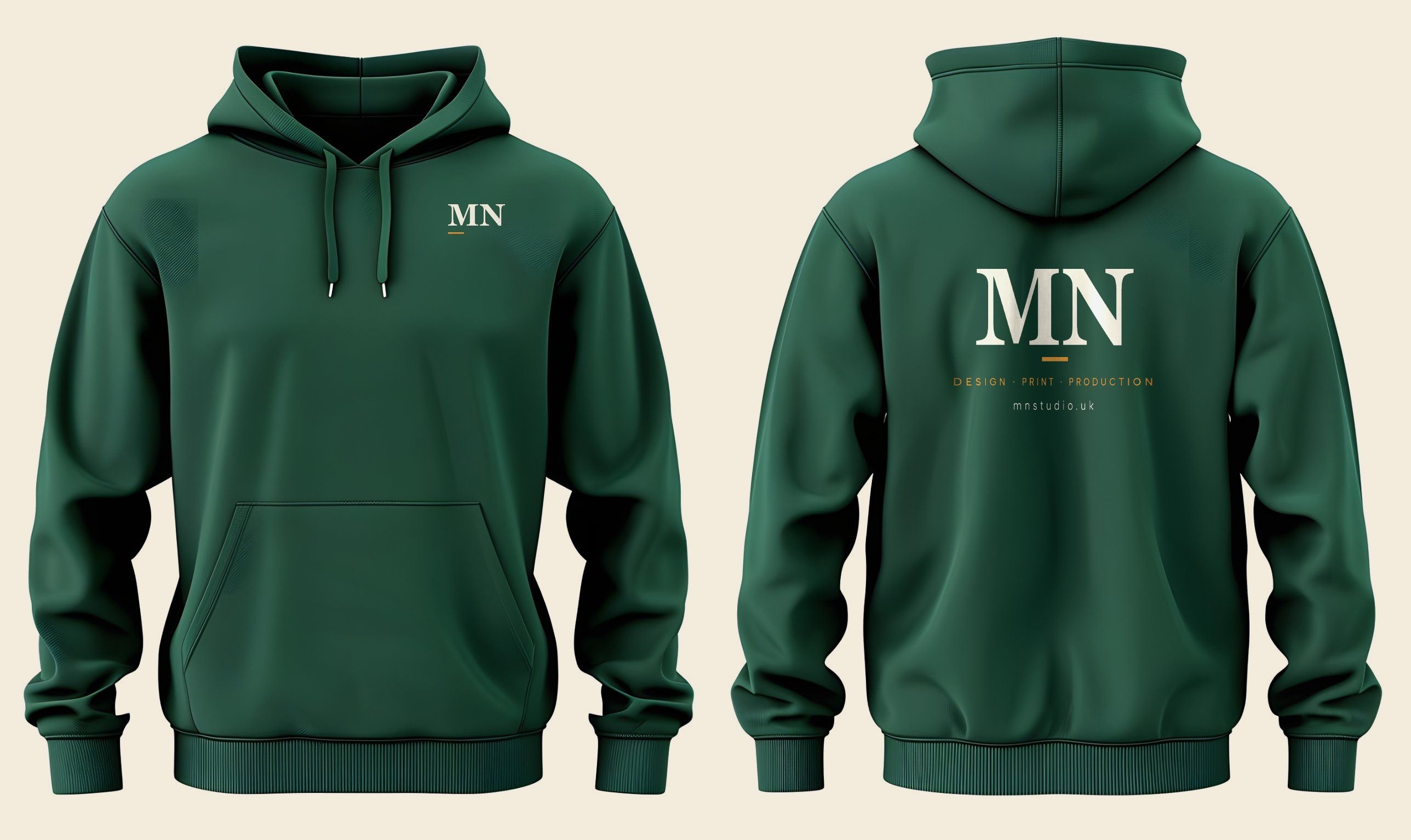 Front and back of a green hoodie printed with the MN Studio monogram on the chest, and the monogram with “Design · Print · Production, mnstudio.uk” across the back
