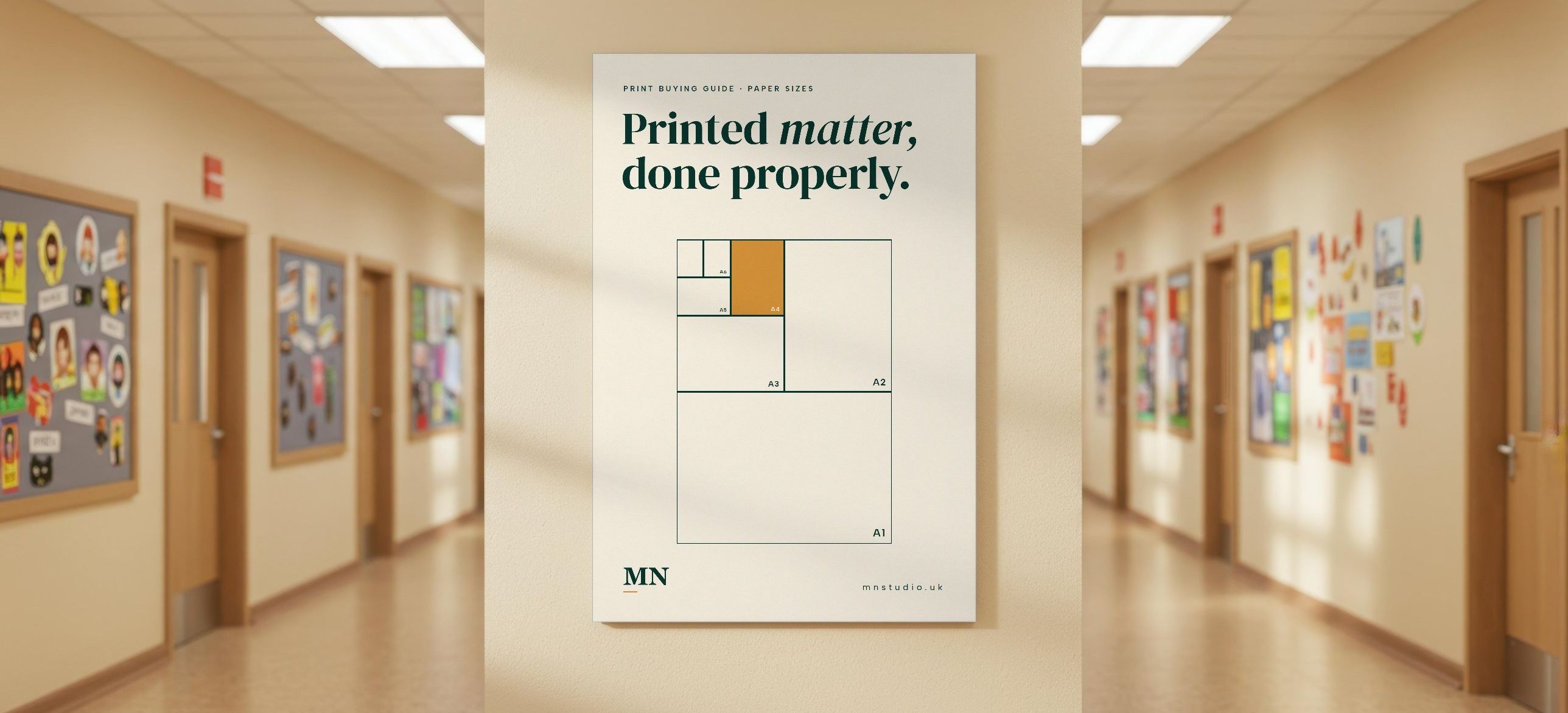 A cream MN Studio poster showing A-series paper sizes, hung on a corridor wall