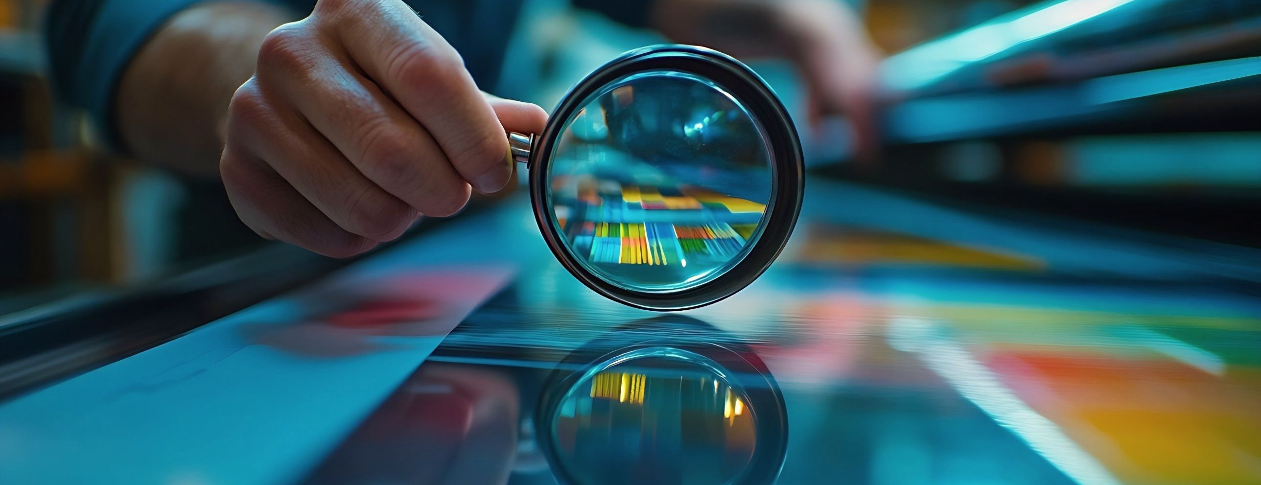 A magnifying glass held over a printed colour bar during a proof check